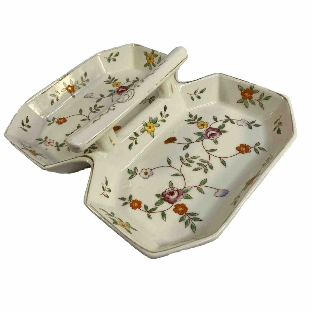 Vintage TAKITO TT Double Serving Dish w/Handle Hand Painted Floral Japan 8x6x1